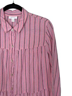 J. Jill 100% Linen Pink Striped Tiered Mini Dress - Size M Petite